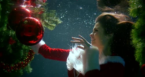 Attractive Woman Underwater with Christmas Ornaments