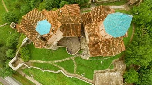 Drone flying over old Orthodox Gremi church in Georgia, sightseeing tourism