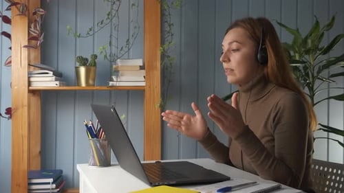 Side View Young Woman Discuss with Colleague By Video Conference Connection
