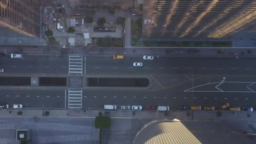 AERIAL: Slow Birds Eye View Flight Over Downtown Los Angeles California Grand Avenue in Beautiful