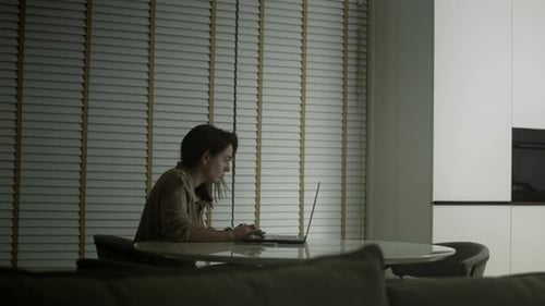 Woman works with laptop computer in kitchen late night