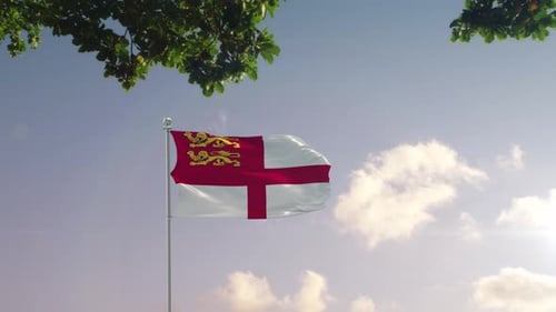 Sark-Flagge mit moderner Stadt