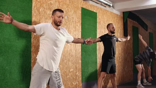 Young Mean Business Workers in Healthy Tilt Arm Back Pose Character Exercising