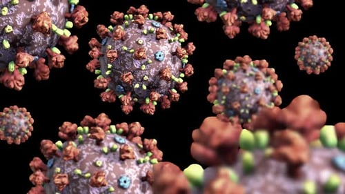 Animierte nahtlose Schleife mehrerer Coronavirus-Vironen mit transparentem Hintergrund