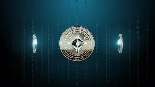 Animated Digital Cryptocurrency Ethereum Coins Spinning in Futuristic Environment