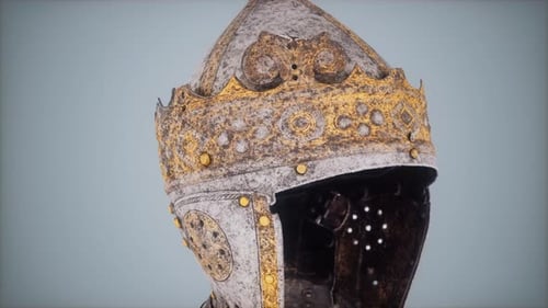 Ornate Medieval Helmet with Golden Crown Rotating