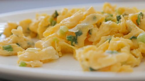 Close-Up of Scrambled Eggs with Green Onions