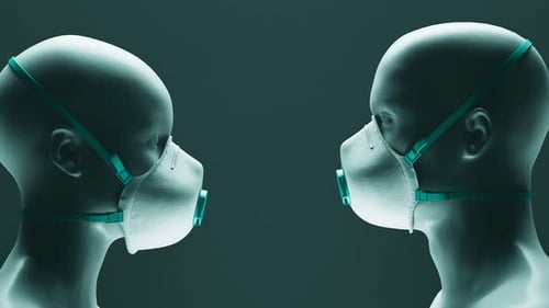 3D Render of Two Heads in Medical Masks Facing Each Other
