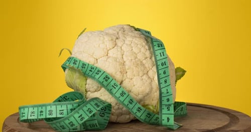 Cauliflower Wrapped in Measuring Tape on Yellow