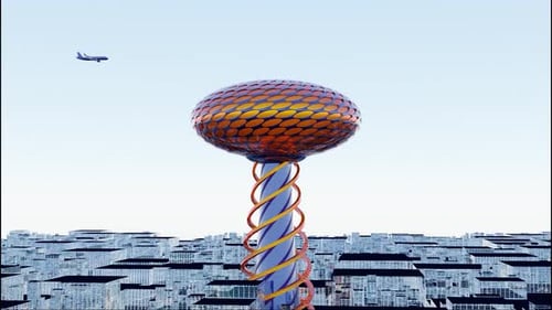 Arquitectura futurista con un avión volando por encima de edificios