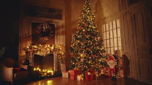 Festive Christmas Tree and Fireplace Scene