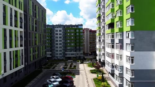 Aerial drone view of a flying over the modern residential building.