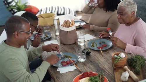 Family Meal and Conversation at Dining Table