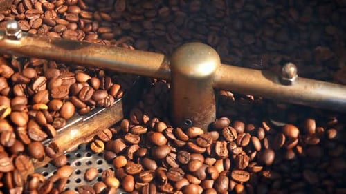 Coffee Beans Roasting in Industrial Machine Close Up