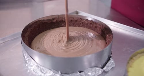 Chocolate Filling Poured into Decadent Cake Crust