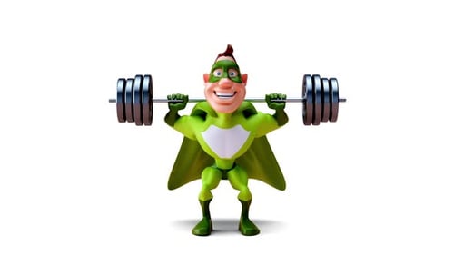 Divertido superhéroe de dibujos animados 3D haciendo sentadillas