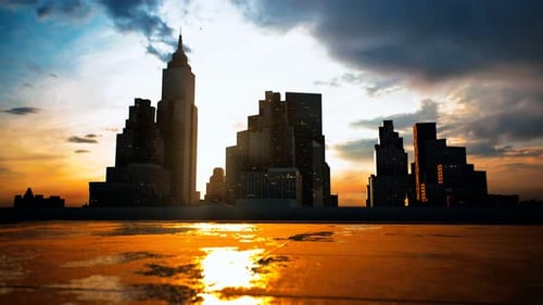 Rascacielos de la gran ciudad al atardecer