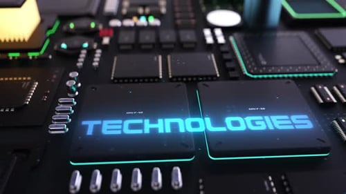 technology header on the background of the chip with a large number of processors.