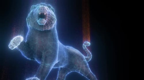 Futuristic Holographic Lion Wireframe Digital Scan Animation