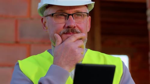 Builder Engineer Architect Operate with Digital Tablet to Control Working at Construction House Site