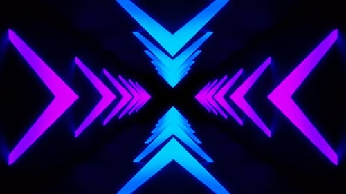 Tunnel of Overflow Blue and Purple Led Neon Arrows 3d Render Seamless Animation