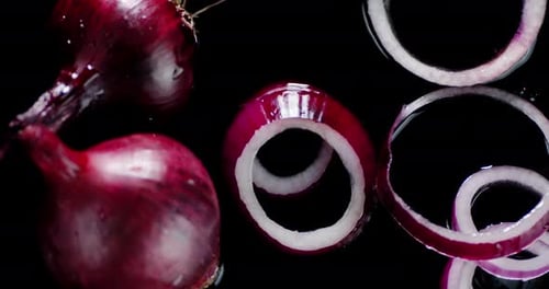 Red Onions and Onion Rings on Black Background