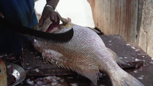 Mann reinigt Fische auf einem Holztisch. Ein Mann schneidet die Flossen eines Fisches mit einem großen Messer ab