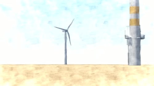 Sketch Animation Comparing Wind Turbine and Industrial Chimney