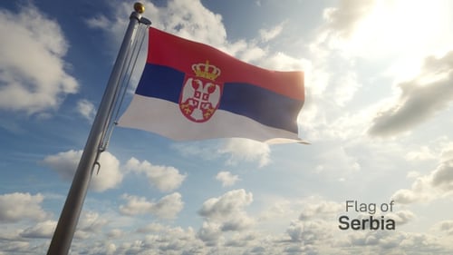 Serbian Flag Waving on Flagpole with Sunny Blue Sky