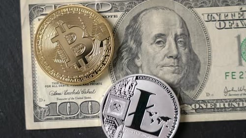 Bitcoin and Litecoin on One Hundred Dollar Bill