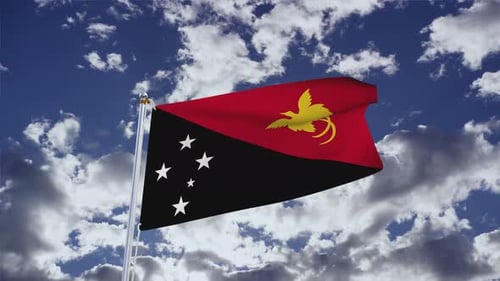 Realistic Waving Papua New Guinea Flag in Blue Sky