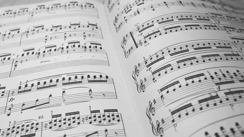 Close Up of Sheet Music Book in Black and White
