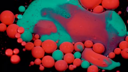 Amazing Red and Green Bubbles of Paint on the Oil Surface. Paint in Oil.