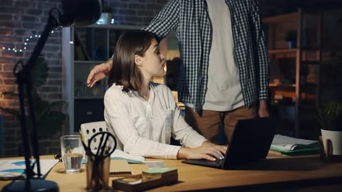 Slow Motion of Unhappy Girl Getting Lots of Paperwork in Office at Night