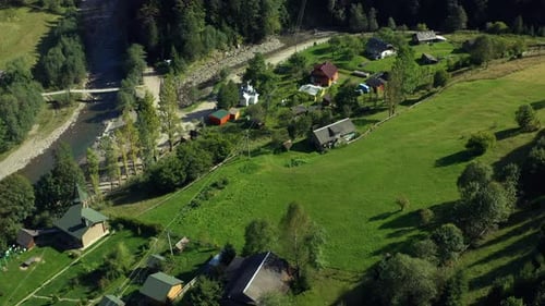 Drone Mountain Small Village Warm Sunny Spring Day Green Grass Fields Valley