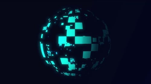 Abstract Sphere with Glowing Digital Squares Rotating Background