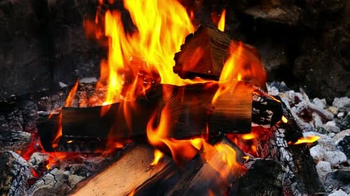 Gros plan de charbons ardents et de bois sur un feu de camp en été