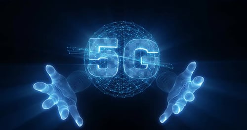 main sur 5G Réseau mondial Carte du monde intelligence artificielle numérique Technologie AI Cloud de données bleu