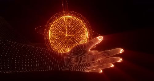 main sur Réseau mondial Carte du monde intelligence artificielle numérique Technologie AI Cloud de données 5G jaune