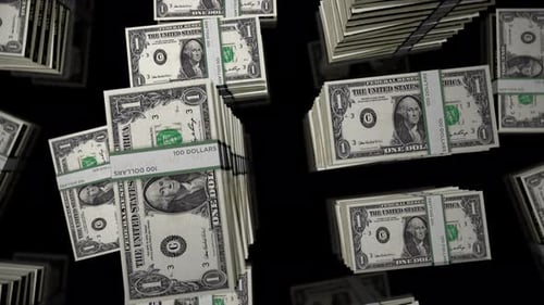 Flight over the Dollar money banknote packs loop animation