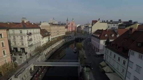 Aerial view of buildings near the river