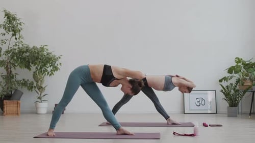 Two Women Doing Yoga Poses in Studio