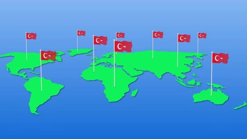 Animated Turkish Flags Waving on World Map Global Presence