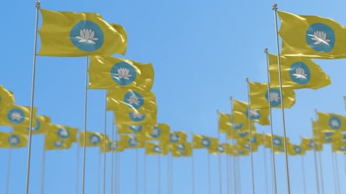 Animated Waving Flags with Lotus Symbol Against Clear Blue Sky