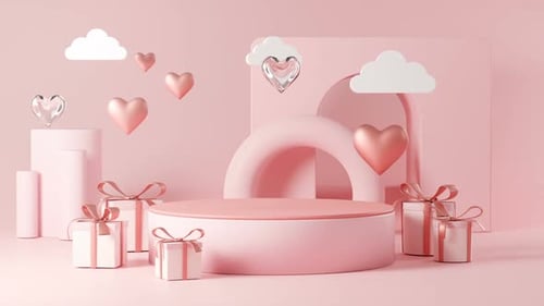 Pink 3D Podium with Floating Hearts and Gift Boxes