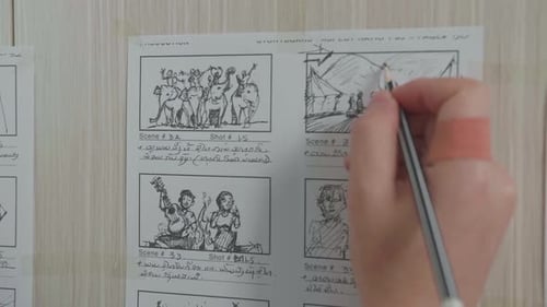 Hands Man Drawing Storyboard Animation Comic Cartoon, Design Creative Scene Layout At Studio