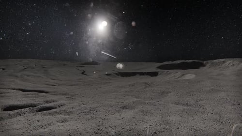 Flying Over a Moon Surface with Craters Under a Starry Sky