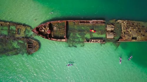 Aerial view of Moreton island shipwrecks in Australia.
