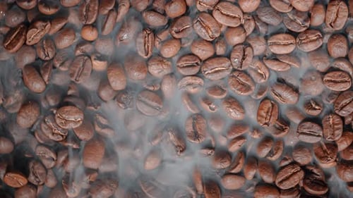 Close Up of Seeds of Coffee. Fragrant Coffee Beans Are Roasted Smoke Comes From Coffee Beans