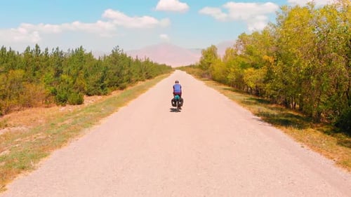 Cyclist Rides Down Dirt Road toward Distant Mountains